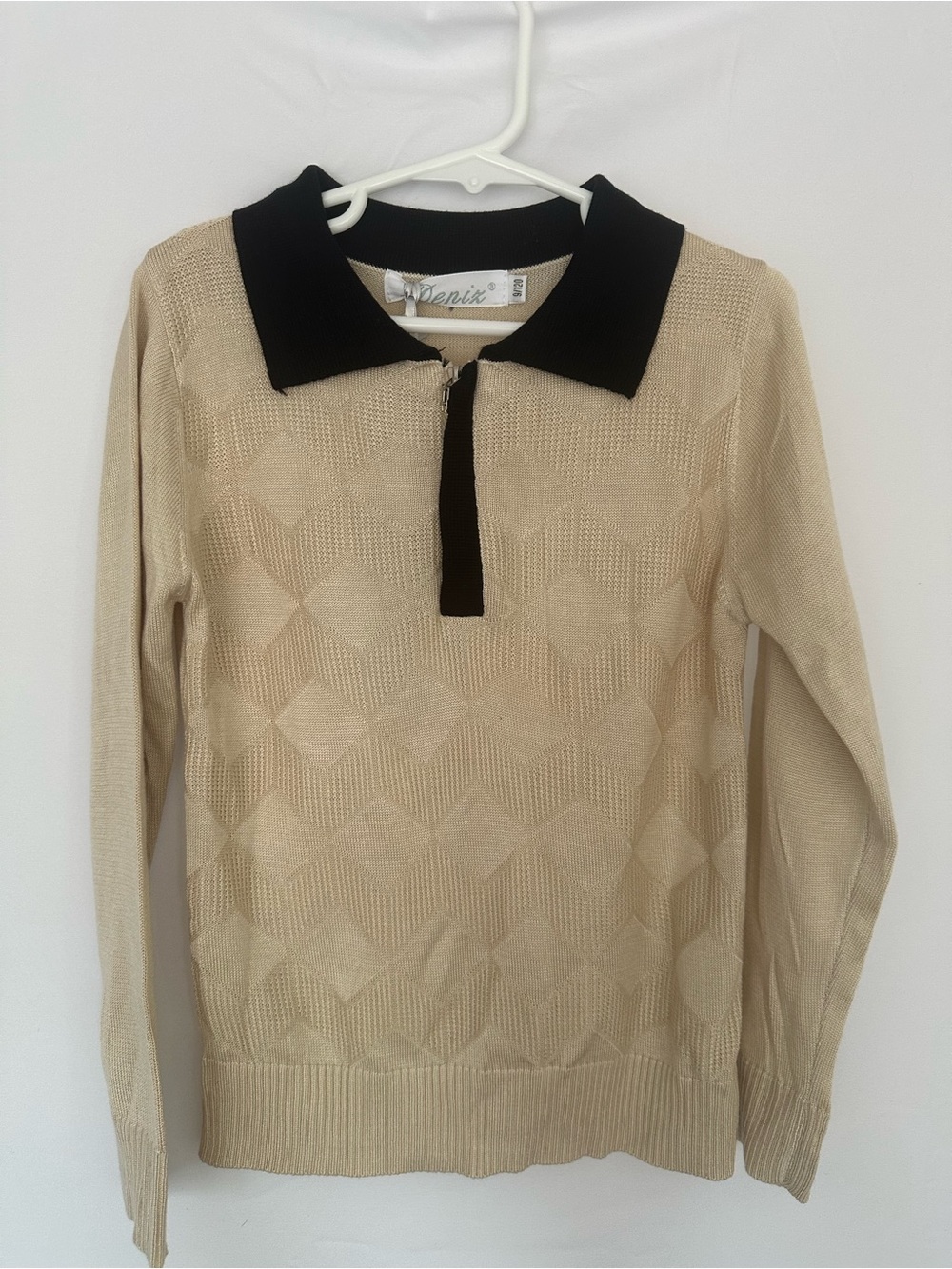 Phenix Beige Knit Sweater with Black Polo Collar